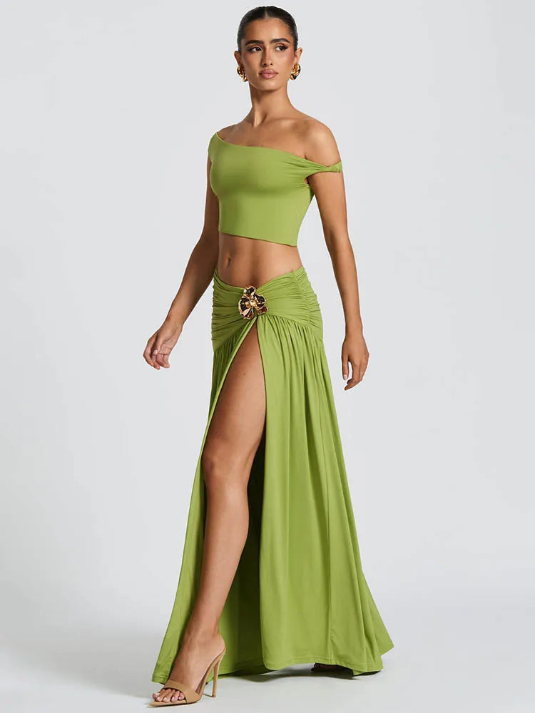 Elegant Dress Set Women Skew Collar Crop Top And Split Skirt Matching Set Fashion Backless Pleated Skirt Two Piece Set