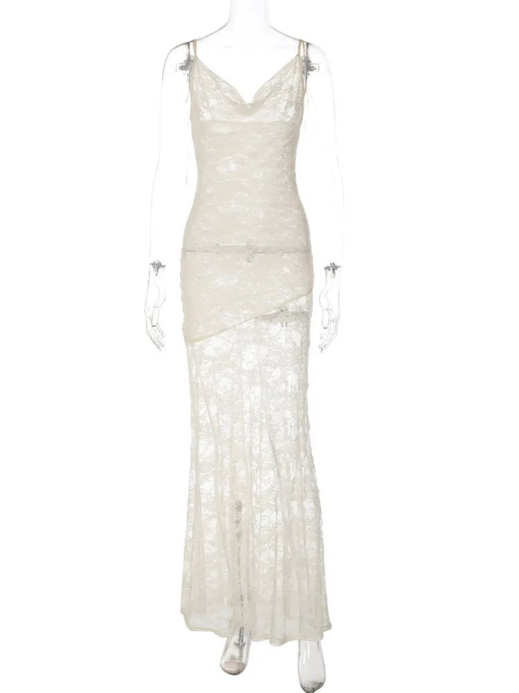 Lace Spaghetti Strap Backless Sexy Maxi Dress Women Elegant Summer See Through Sleeveless Beach Club Party Dresses