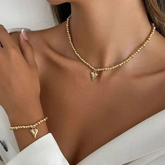 2Pcs/Set Delicate Tiny Heart Pendant Choker Necklace Beads Chain Bracelets for Women Wedding Bridal Party Jewelry Set