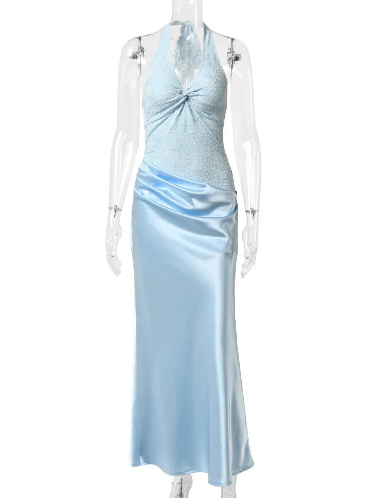 Women Halter V‑Neck Sexy Maxi Dress Lace Spliced Twisted Front Ruched Long Dress Elegant Evening Party Prom Dresses