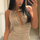 Sexy Ruched Backless Dress Women Fashion Bright Silk Metal Ring Halter Hollow Patchwork Chic Party Peach Hip Bodycon