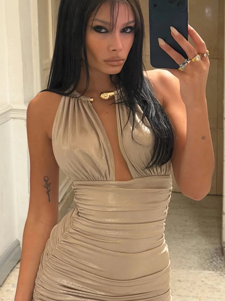 Sexy Ruched Backless Dress Women Fashion Bright Silk Metal Ring Halter Hollow Patchwork Chic Party Peach Hip Bodycon