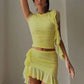 Elegant Ruffle Two Piece Set Women O Neck Short Sleeve Crop Tops And Mini Skirt Femme Fashion Party Sexy Dress Set 2023