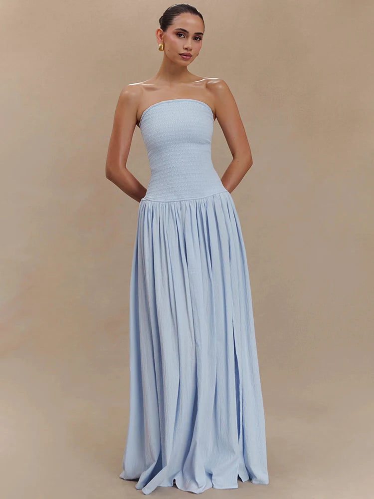 Off-shoulder Strapless Sexy Maxi Dress Women Elegant Sleeveless Backless Thigh High Split Pleated Club Party Long Dress