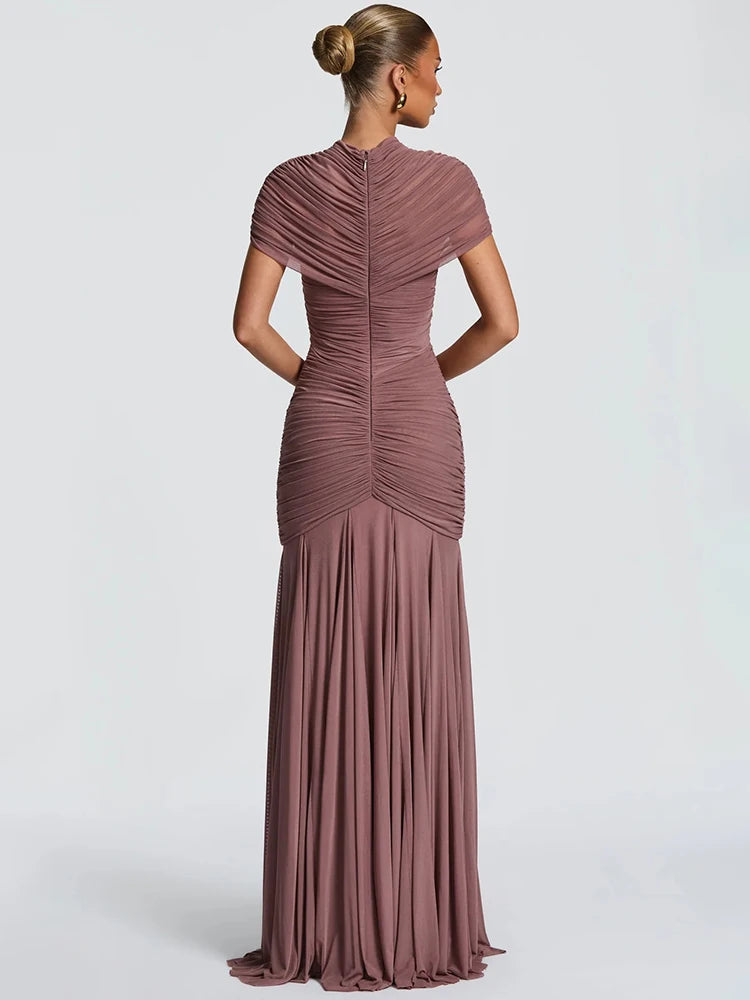 Short Sleeve Ruched Sexy Maxi Dress Women Elegant Hollow Out Turtleneck Bodycon Pleated Club Party Long Dress Female