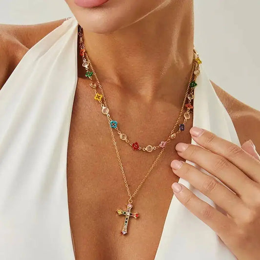 2Pcs/Set Goth Colorful Crystal Chain Necklace for Women New Trend Punk Cross Jesus Pendant Choker Y2K Neck Jewelry Gift