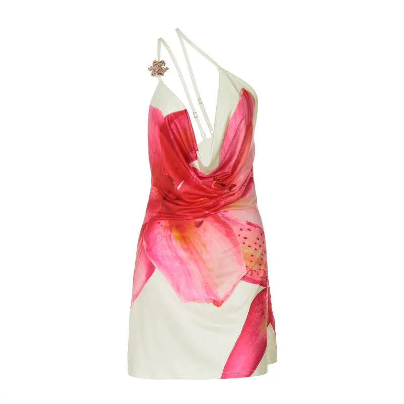 One Shoulder Backless Mini Dress Flower Printed Asymmetrical Dresses Sexy Vacation Summer Outfit Woman