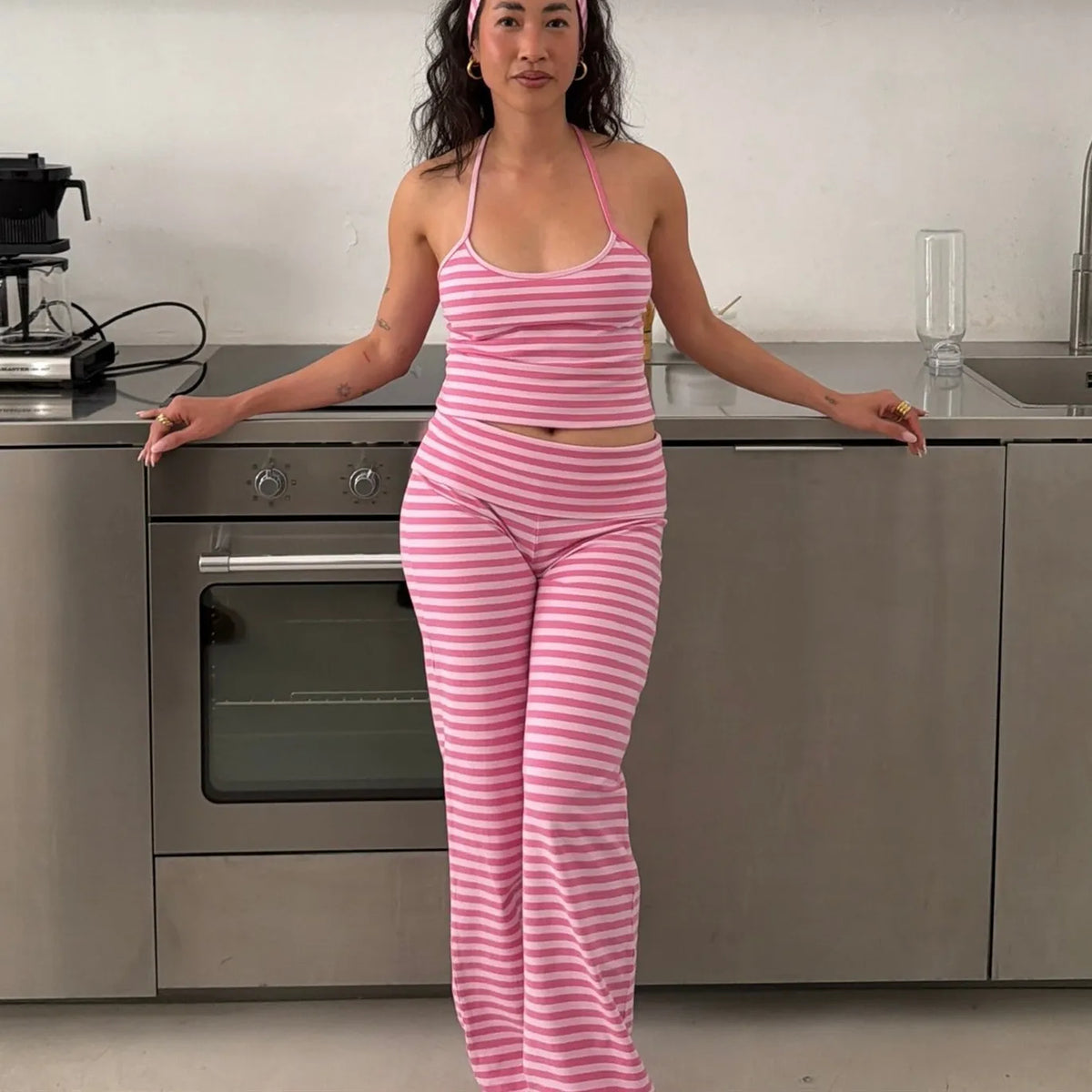 Women Summer Y2K Coquette Striped Tracksuit Yoga Sets Sleeveless Backless Crop Tops Tanks+Fold Over Trousers Sweatpants