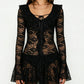 Women Lace Mini Dress Long Flare Sleeve Ruffle V Neck Tie‑Up Sheer Mesh See‑Through Short Party Beach Dress For Women