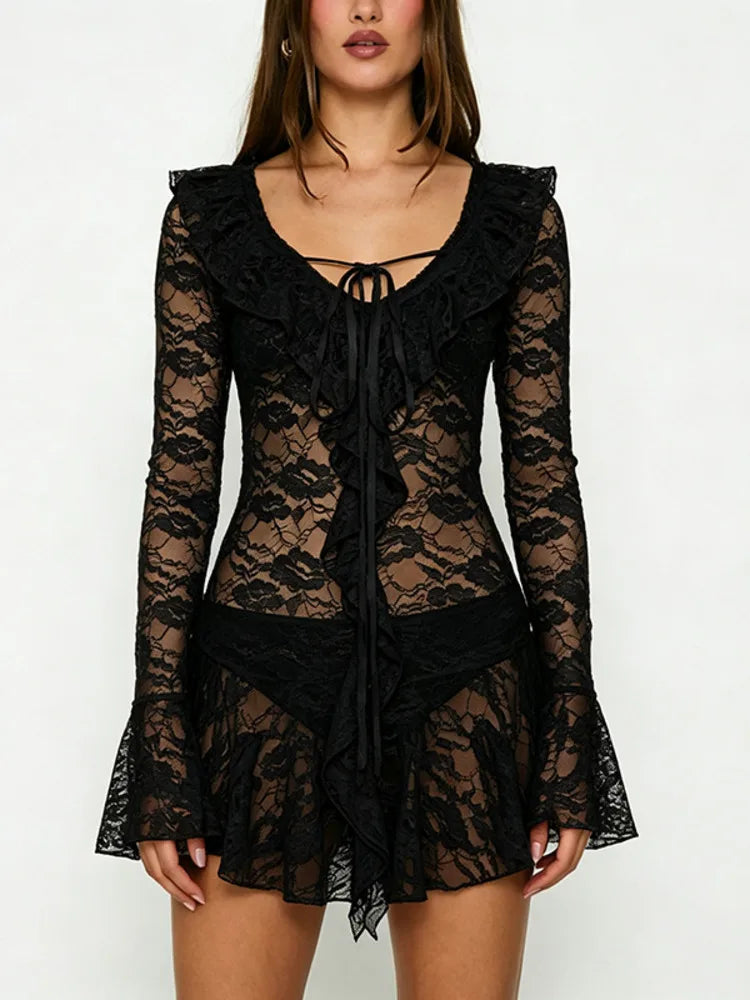 Women Lace Mini Dress Long Flare Sleeve Ruffle V Neck Tie‑Up Sheer Mesh See‑Through Short Party Beach Dress For Women