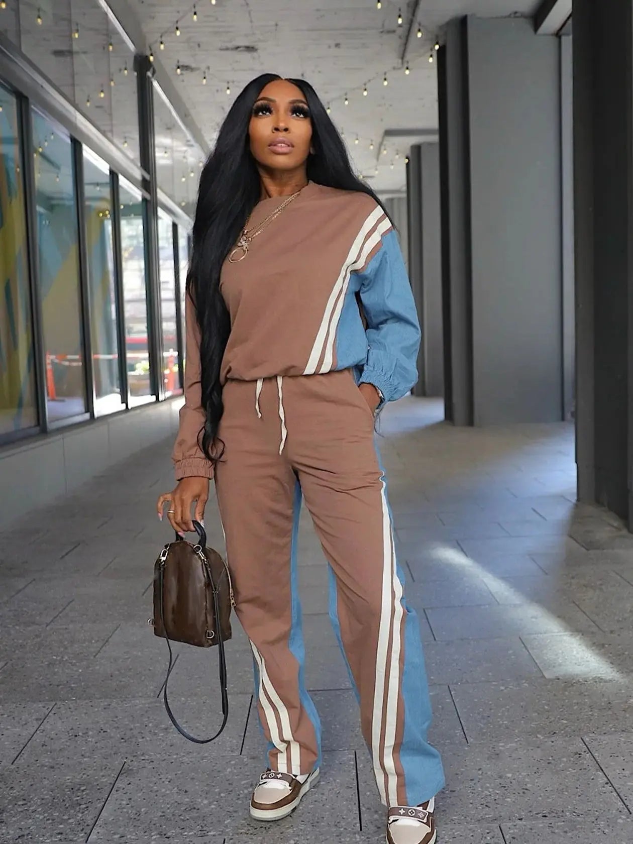 Autumn Trend 2 Piece Set Women Stripes Patchwork Full Sleeve Pullover+Drawstring Pants Casual Sporty Street Tracksuit