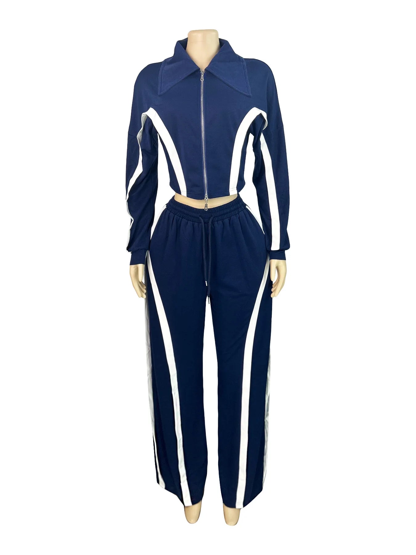 Casual Tracksuit 2-Piece Set Women Stripe Patchwork Zip Lapel Crop Jacket+Drawstring Pants Matching Sporty Outfits