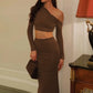 Fashion Brown Two Piece Set Women Inclined Shoulder Long Sleeve T-shirt And Maxi Skirt Matching Sets Elegant Dress Set