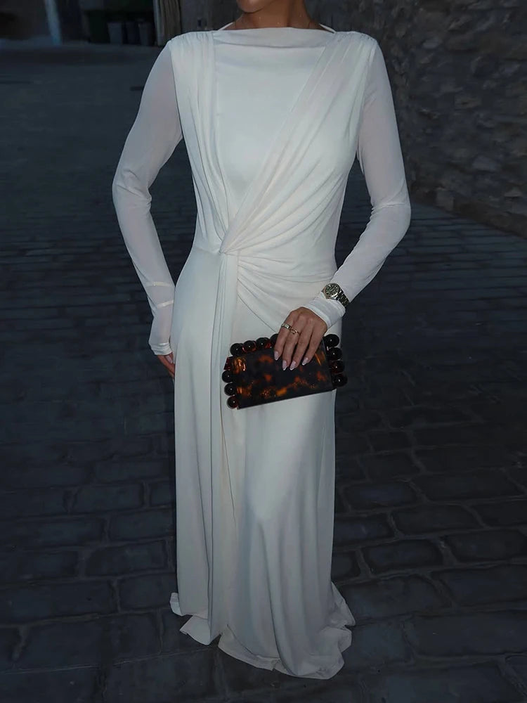 Ruched Elegant Long Dress Woman Autumn Trend o-Neck Mesh Patchwork Full Sleeve Ribbon Decoration Party Gown Vestidos