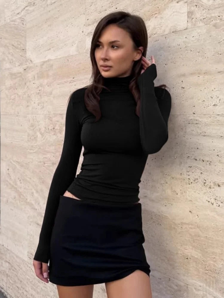 Turtleneck Long Sleeve Tees Basic Solid Color Fitted T Shirts Fall Winter Tops for Woman Clothes