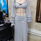 Women 2Piece Outfits Flare Long Sleeve Sweetheart Neck Dot Print Crop Tops and High Slit Long Skirt Set Summer Beachwear