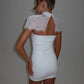 Women Lace Cape Strapless Mini Dress Elegant High Neck Lace Trim Sleeveless Backless Ruched Bodycon Club Party Dress