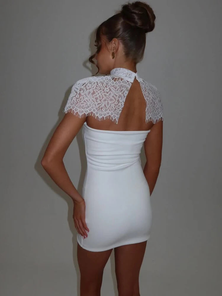Women Lace Cape Strapless Mini Dress Elegant High Neck Lace Trim Sleeveless Backless Ruched Bodycon Club Party Dress