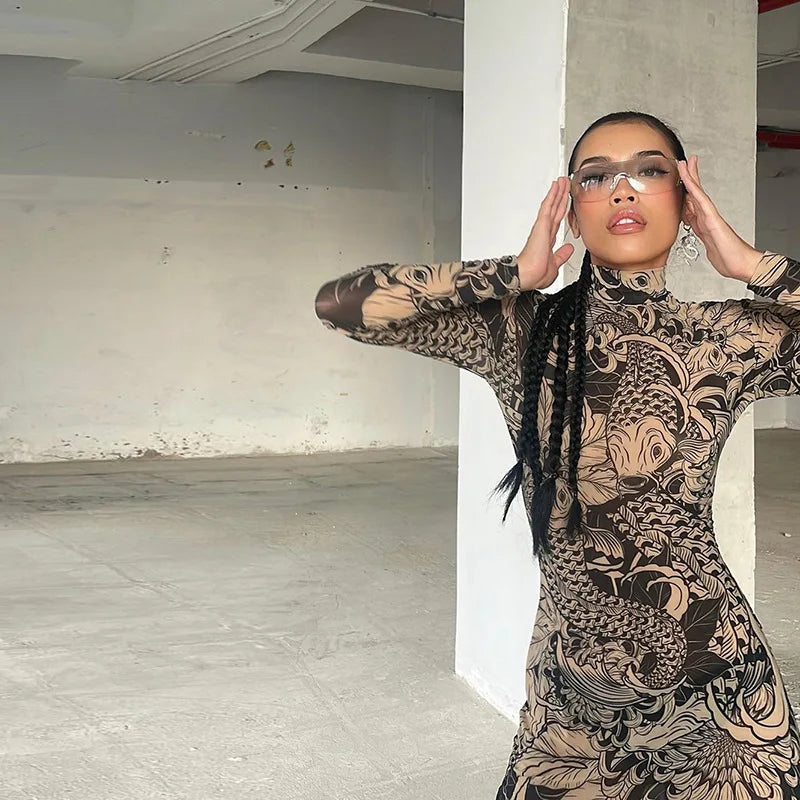 Vintage Printed Mesh Dress See Through Long Sleeve Maxi Dresses for Women Streetwear Y2k Clothing 2024