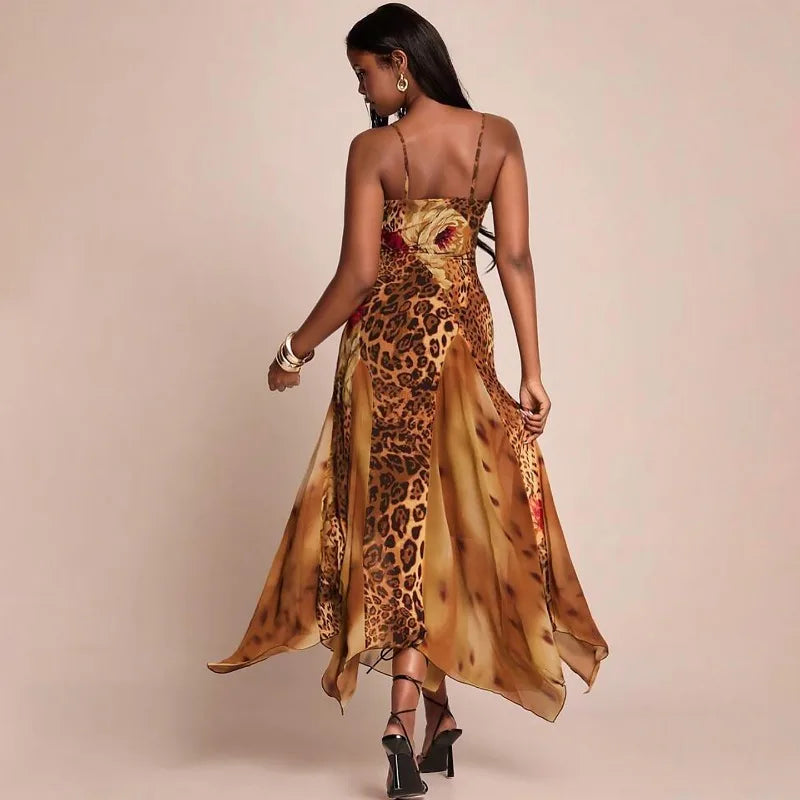 Leopard Print Mesh Splicing Sleeveless Maxi Dress Woman Fashion 2026 Sexy Summer Dresses
