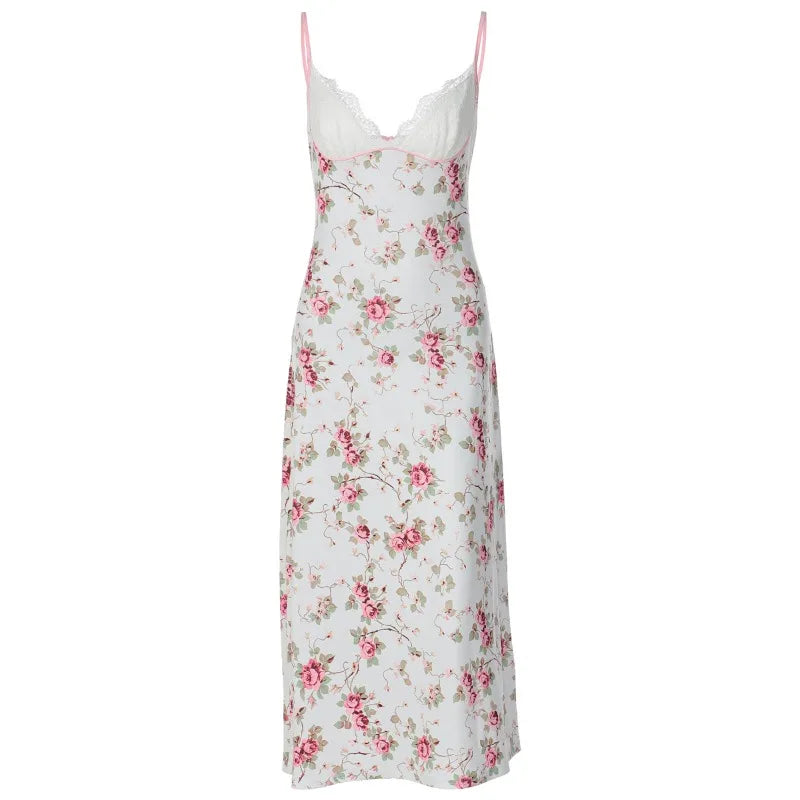 Women Floral Dresses Elegant Summer Vacation Outfits Lace Trim Deep V Neck Sleeveless Backless Long Dress