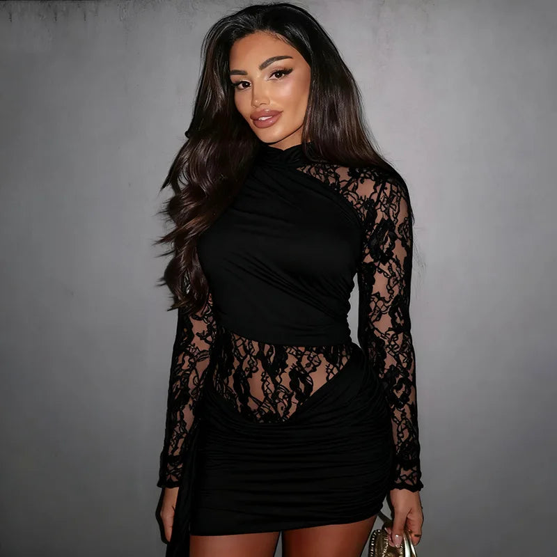 Sexy Lace Long Sleeve Mini Dress White Black Party Outfits Elegant Wedding Guest Dresses Woman Sheer Clothes