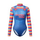 Women Chucky Halloween Cosplay Bodysuit Long Sleeve Stripe Fake Overalls Letter Print Horror Doll Party Festival Costume