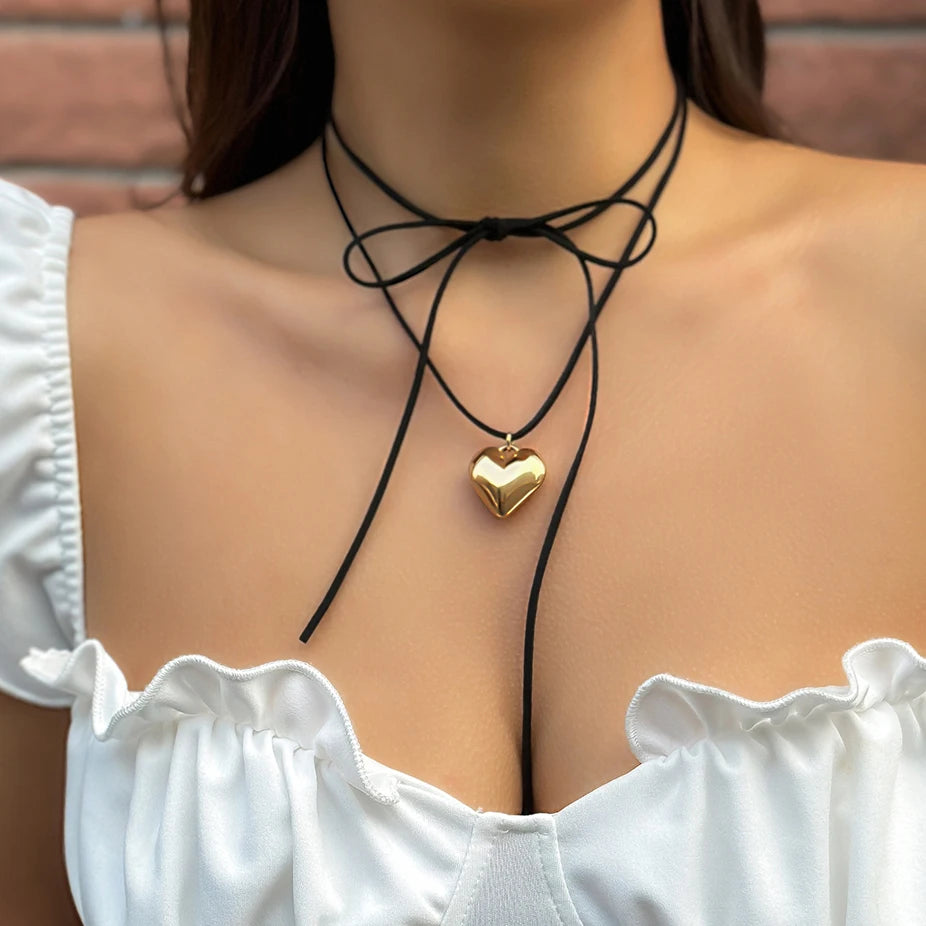 Elegant Goth Love Heart Pendant Necklace for Women Collares Wed Bridal Knotted Bowknot Adjustable Chain Y2K Jewelry New