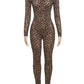 Sexy Leopard Mesh Jumpsuit Women Sexy Hipster Zip Stretch Midnight Workout Clubwear Autumn Fitness Street Overalls