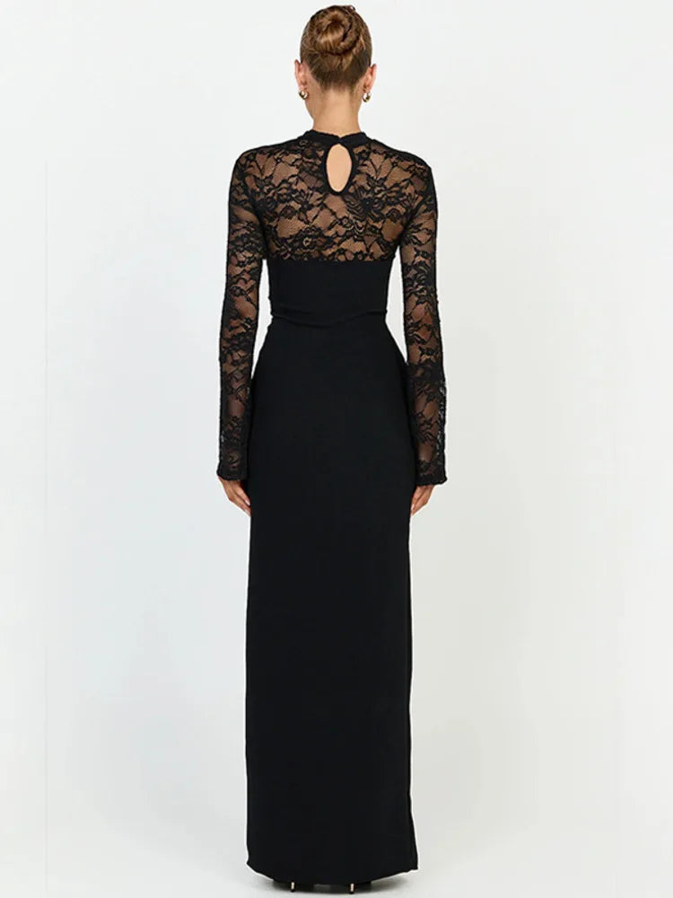 Women Lace Long Sleeve Maxi Dress Cutout Bodycon Slit Formal Evening Party Dress Black Elegant Wedding Guest Dresses