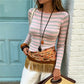Ladies Striped Ribbed Knit Crop Top Boat Neck Long Sleeve Form Fitting Slim Fit Casual Streetwear Fall Winter Daily Wear