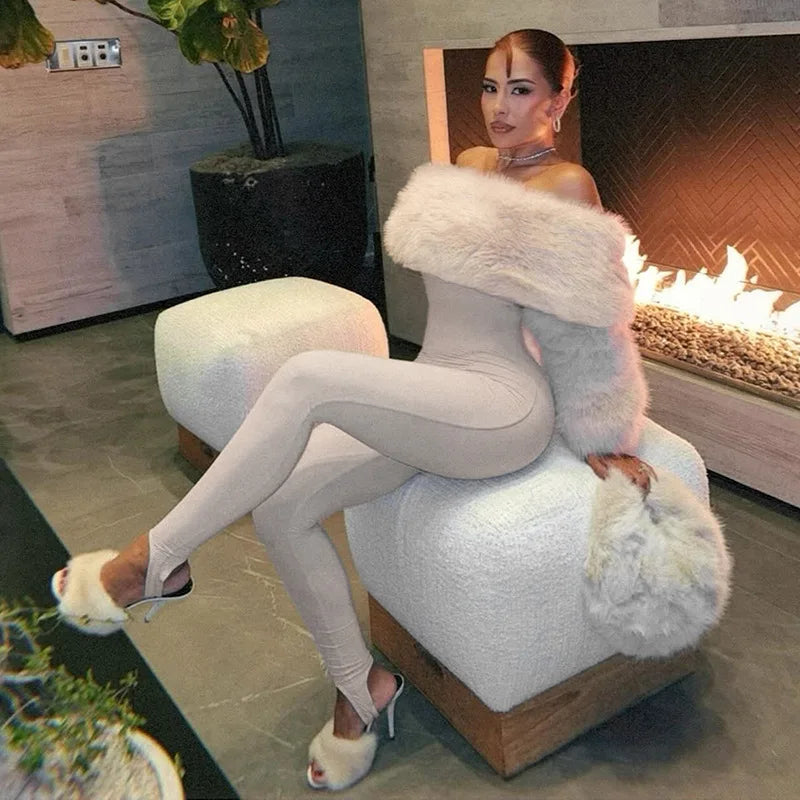 Faux Fur Patchwork Off Shoulder Long Sleeve Jumpsuits Sexy Winter Clothing for Woman One Pieces Club Outfits