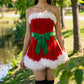 Women Strapless Santa Mini Dress Red Velvet White Faux Fur Hem Green Bow Belt Christmas Eve Party Cosplay Outfit