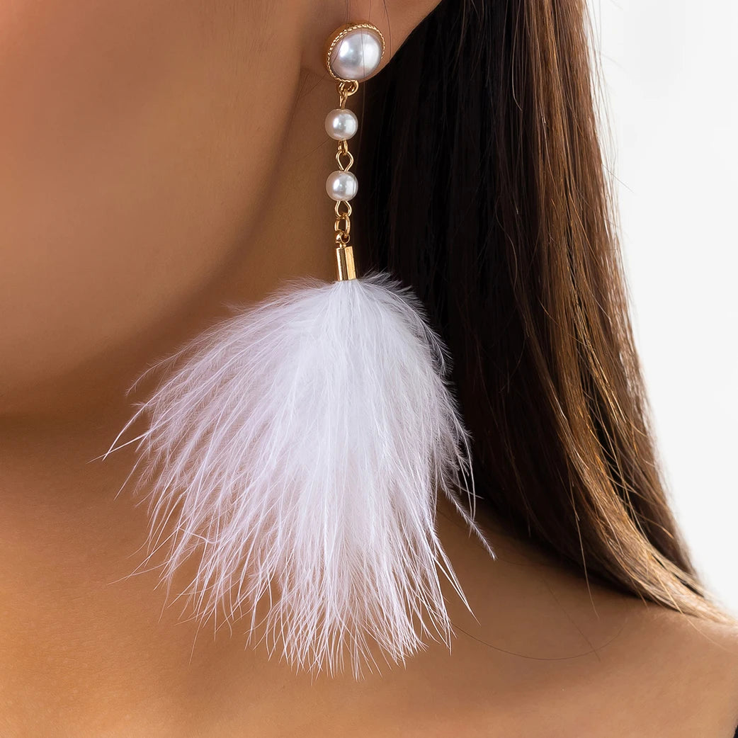 Romantic Long Tassel Fluffy Feather Drop Earrings for Women Wed Elegant Boho Imitation Pearl Dangle Earring Y2K Jewelry
