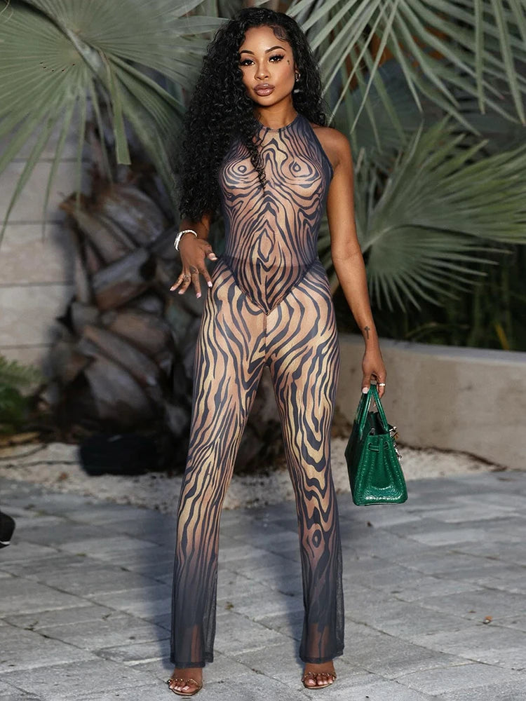 See Through Tiger Print 2-Piece Set Women o-Neck Halter Backless Bandage Vest+Trousers Elasticity Sexy Midnight Suits