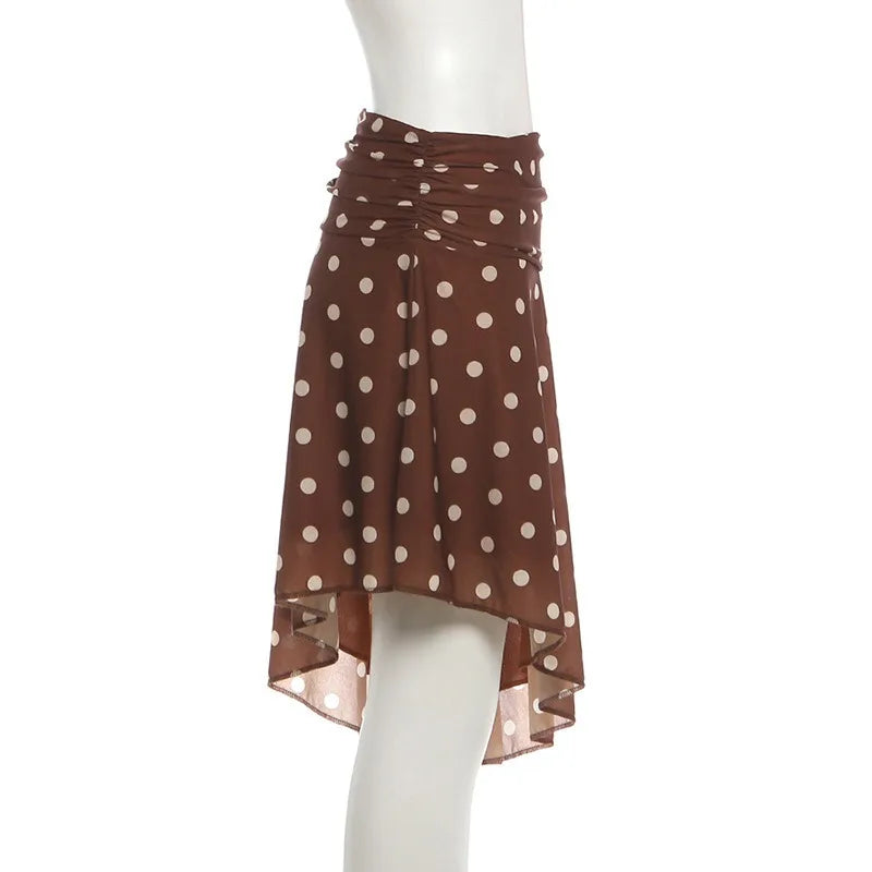 Brown and White Polka-dot Asymmetrical Midi Skirt for Woman Clothing