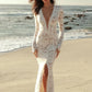 Lace Sheer Deep V Neck Sexy Maxi Mermaid Dress Women Elegant Long Sleeve Thigh High Split Bodycon Club Part Long Dress