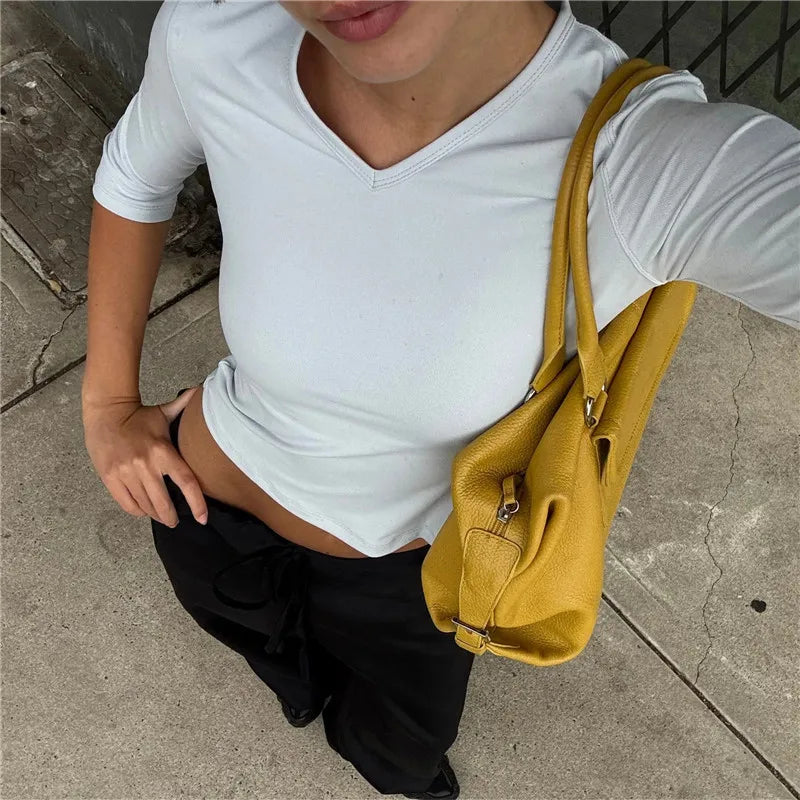 Y2K Women Solid V Neck 3/4 Sleeve Cropped Top Stretchy Slim Fitted Basic T Shirt Casual Daily Short Blouse Spring Autumn