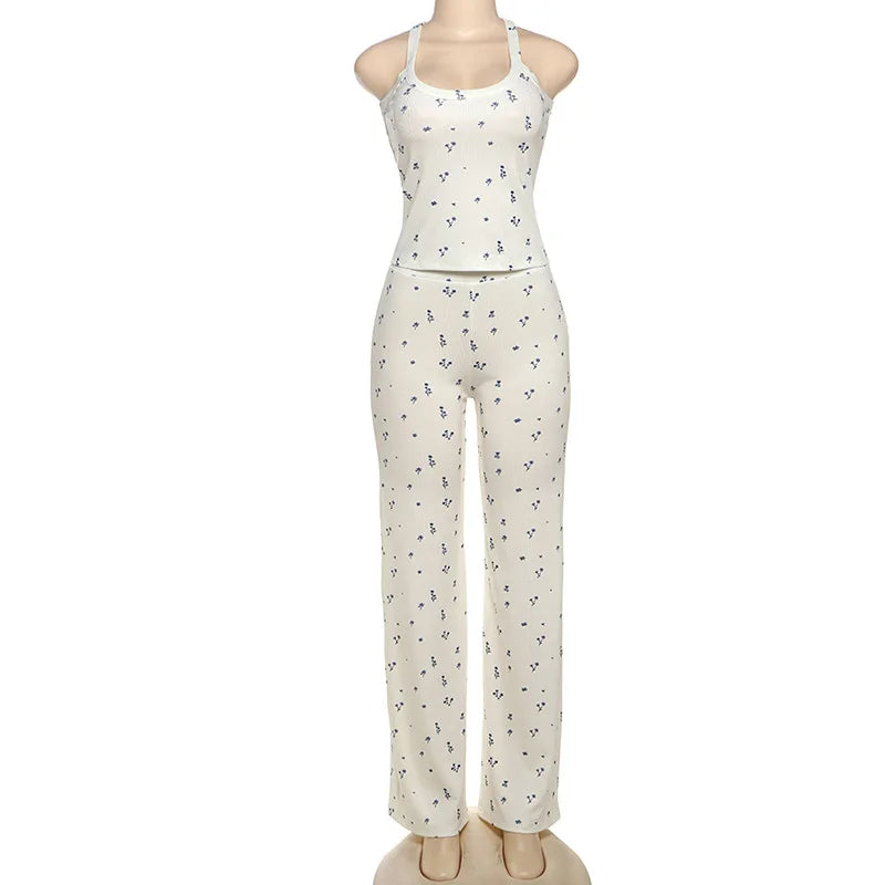 Cozy 2 Piece Sets Woman Outfit Flower Print Ribbed Tank Top and Pant Suits Casual Lounge Wear Trousers Set