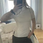 Women White Cheongsam Style Top Short Sleeve Stand Collar Frog Button Blouse Fitted Jacquard Crop Top with Side Slits