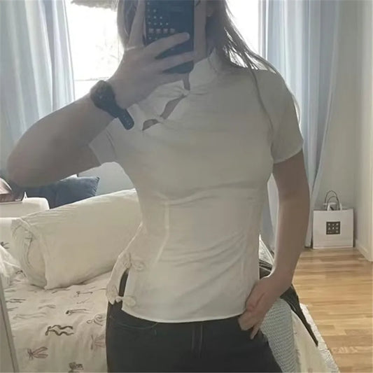 Women White Cheongsam Style Top Short Sleeve Stand Collar Frog Button Blouse Fitted Jacquard Crop Top with Side Slits