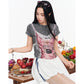 Fake Two-Piece Crop Top, Retro FERAL 66 Print Lace Bow Tee, Slim Short Sleeve T-shirt for Women