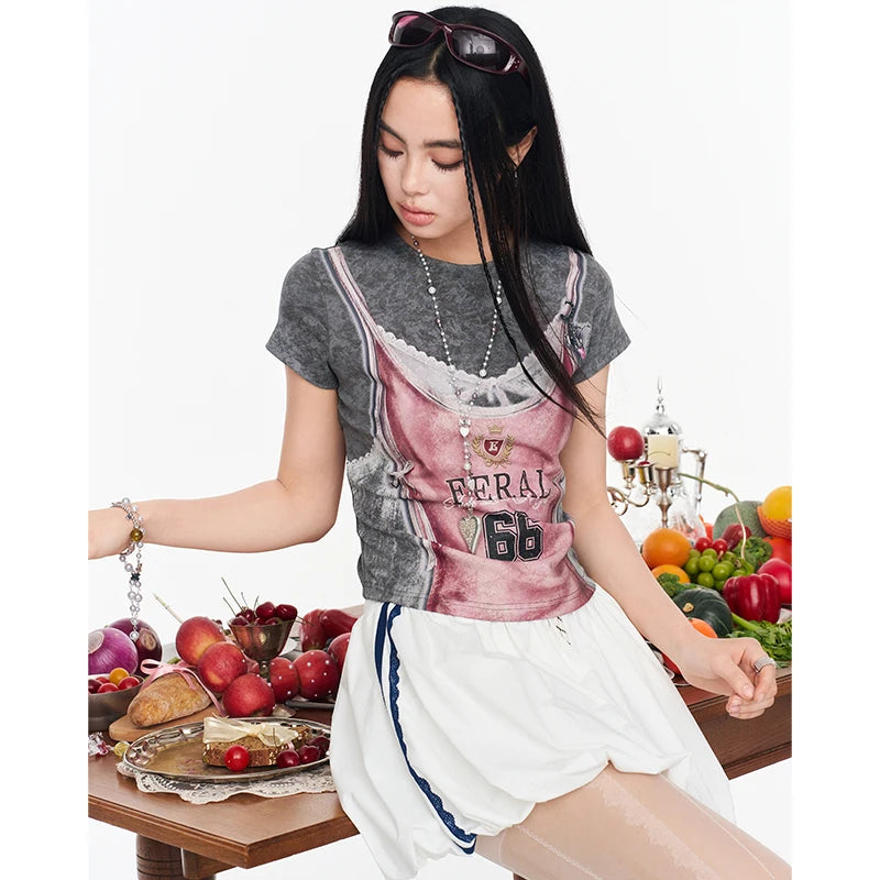 Fake Two-Piece Crop Top, Retro FERAL 66 Print Lace Bow Tee, Slim Short Sleeve T-shirt for Women