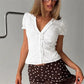 Women Ruffle V Neck Puff Sleeve Blouse Vertical Striped Button Down Cropped Shirt Vintage Slim Fit Casual Short Top