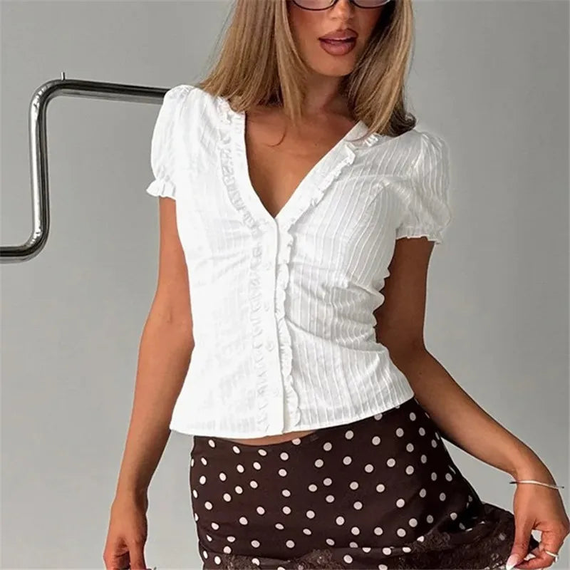 Women Ruffle V Neck Puff Sleeve Blouse Vertical Striped Button Down Cropped Shirt Vintage Slim Fit Casual Short Top