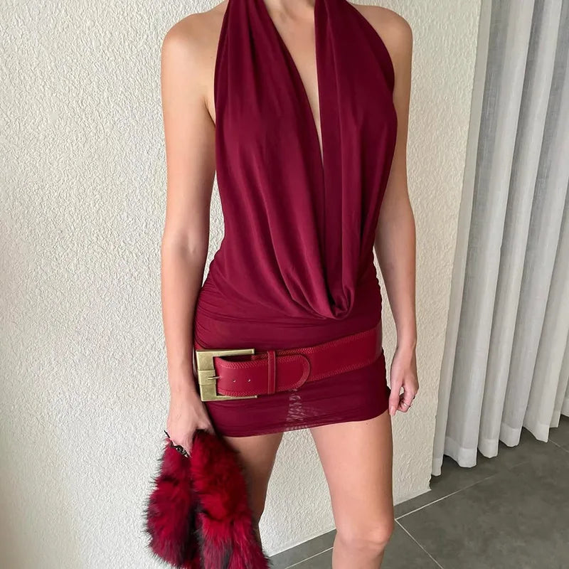 Women Two Piece Mini Dress Set Summer Deep V-Neck Ruched Halter Neck Party Dress and Sheer Mesh Skirt Party Clubwear