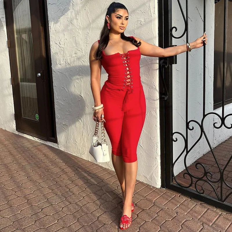 Sexy Ribbed Shorts 2 Piece Sets Women Bandage Sleeveless Tops And Skinny Shorts Fashion Lace-up Tops Two Piece Sets