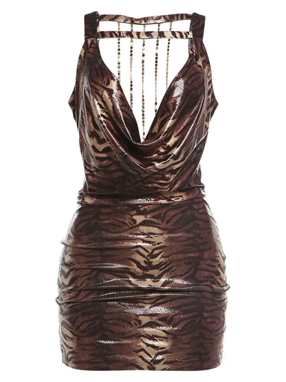 Swing Collar Metal Chain Backless Mini Dress Woman Leopard Print Sleeveless Slim Peach Hip Hot Girl Sexy Fashion Bodycon