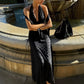 Mesh Polka Dot Sexy Maxi Dress Women Black Halter Deep V Neck Sleeveless Backless Ruched Bodycon Club Party Long Dress