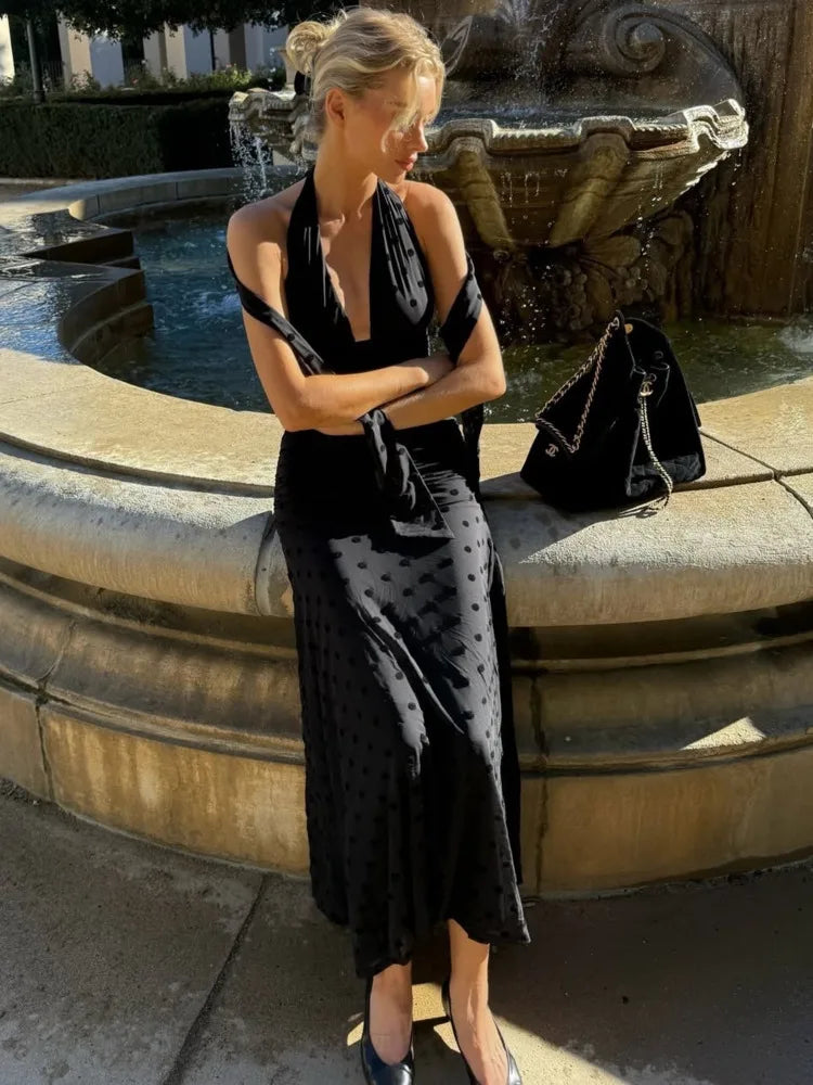 Mesh Polka Dot Sexy Maxi Dress Women Black Halter Deep V Neck Sleeveless Backless Ruched Bodycon Club Party Long Dress